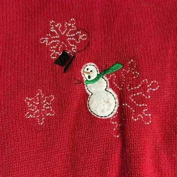 Red Snowman Snowflake Applique Embroidered Womens Zip up Knit Cardigan Small - Picture 7 of 7